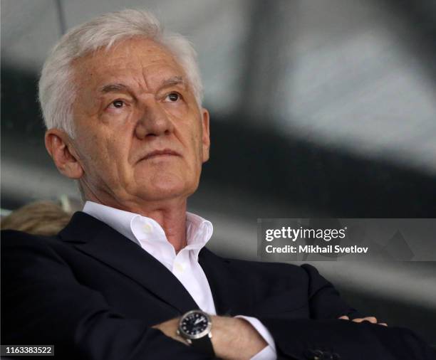 Russian billionaire and businessman Gennady Timchenko watch an ice hockey match at the Sirius Ice Hockey World Cup Sochi 2019 on August 23, 2019 in...
