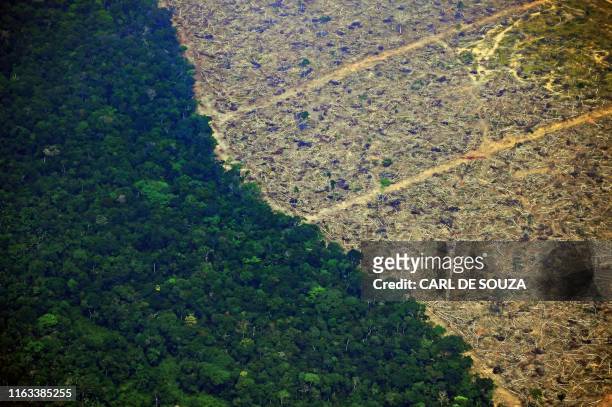 Aerial picture showing a deforested piece of land in the Amazon rainforest near an area affected by fires, about 65 km from Porto Velho, in the state...