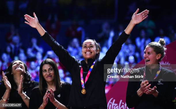 Maria Folau of New Zealand celebrates after winning the World Cup after the Vitality Netball World Cup Final match between Australia and New Zealand...