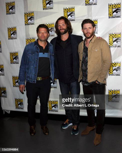 Misha Collins, Jensen Ackles and Jared Padalecki attend the "Supernatural" Special Video Presentation and Q&A during 2019 Comic-Con International at...
