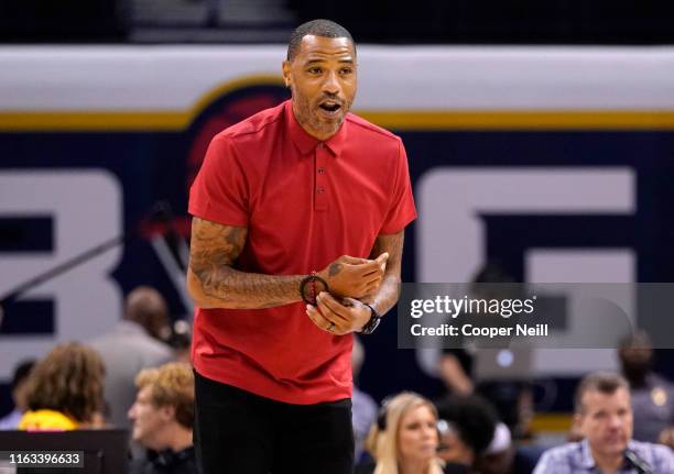 Head coach Kenyon Martin of Trilogy yells to his team against the Enemies during week five of the BIG3 three on three basketball league at Chesapeake...