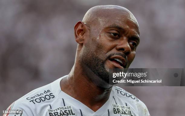 Vagner Love of Corinthians reacts during a match between Corinthians and Flamengo for the Brasileirao Series A 2019 at Arena Corinthians on July 21,...
