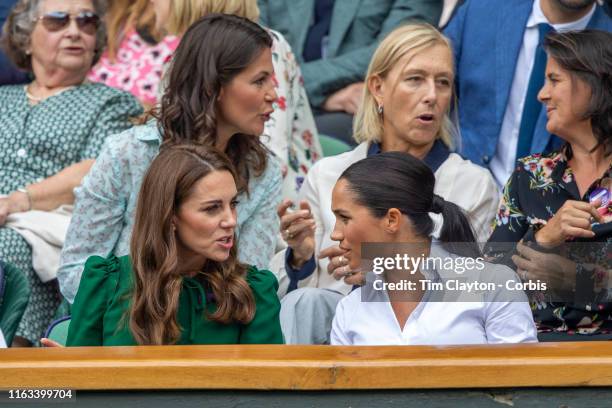 July 13: Catherine, Duchess of Cambridge and Meghan, Duchess of Sussex in the Royal Box on Centre Court along with Martina Navratilova and her spouse...