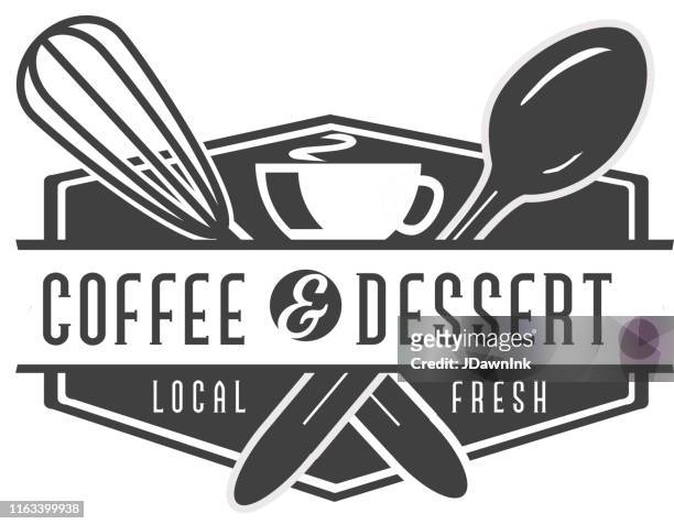 kaffee- und dessertetiketten mit textdesigns sowie restaurantutensilien - restaurant logo stock-grafiken, -clipart, -cartoons und -symbole