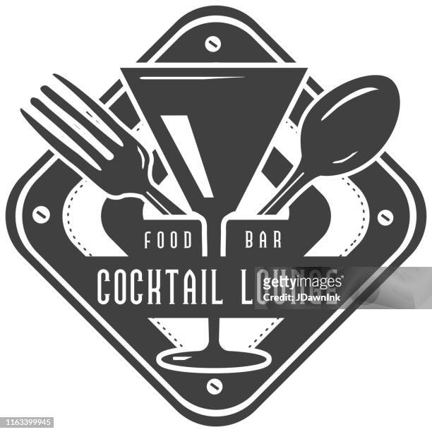 cocktail lounge food bar mit martini glas label mit textdesigns sowie restaurantutensilien - restaurant logo stock-grafiken, -clipart, -cartoons und -symbole
