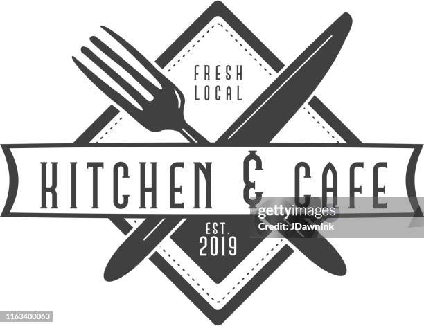 kitchen and cafe labels with text designs as well as restaurant utensils - restaurant logo stock illustrations