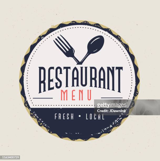 restaurant menu label mit textdesigns sowie restaurantutensilien - restaurant logo stock-grafiken, -clipart, -cartoons und -symbole