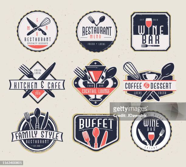 set of restaurant menu and bar labels with unique shapes and text designs as well as utensils and drinkware - fork stock illustrations