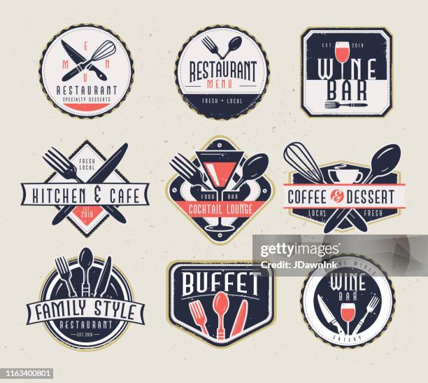 set of restaurant menu and bar labels with unique shapes and text designs as well as utensils and drinkware - restaurant logo stock illustrations