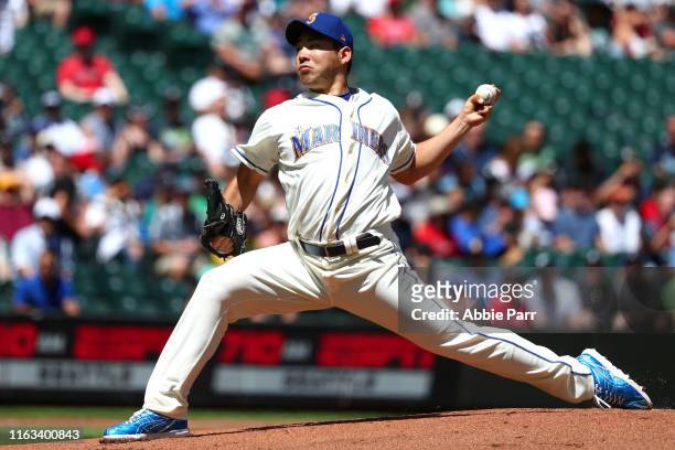 Yusei Kikuchi of the Seattle Mariners pitches against the Los Angeles Angels of Anaheim in the first inning during their game at T-Mobile Park on...