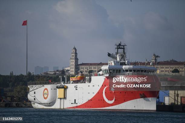 This picture taken on August 23, 2019 in Istanbul shows a view of Turkish General Directorate of Mineral research and Exploration's Oruc Reis seismic...