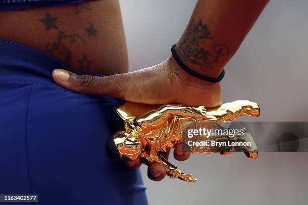 Shelly-Ann Fraser-Pryce of Jamaica looks on after winning the Women's 100m Final during Day Two of the Muller Anniversary Games IAAF Diamond League...