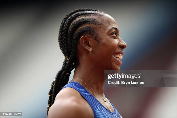 Shelly-Ann Fraser-Pryce of Jamaica looks on after winning the Women's 100m Final during Day Two of the Muller Anniversary Games IAAF Diamond League...