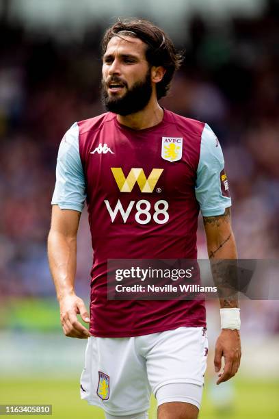 Jota of Aston Villa during the Pre-Season Friendly match between Shrewsbury Town and Aston Villa at Montgomery Waters Meadow on July 21, 2019 in...
