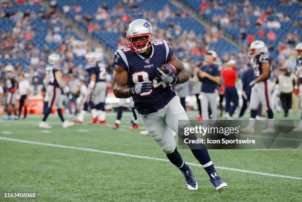 New England Patriots tight end Ben Watson carries the ball before a preseason game between the New England Patriots and the Carolina Panthers on...