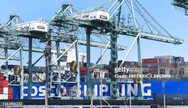 Shipping containers are seen on a Cosco Shipping vessel at the Port of Long Beach on August 23, 2019 in Long Beach, California. - President Donald...