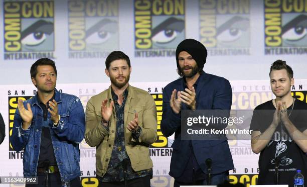 Misha Collins, Jensen Ackles, Jared Padalecki, Alexander Calvert attend the "Supernatural" Special Video Presentation and Q&A during 2019 Comic-Con...