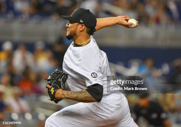 Hector Noesi of the Miami Marlins delivers a pitch in the first inning against the Philadelphia Phillies at Marlins Park on August 23, 2019 in Miami,...