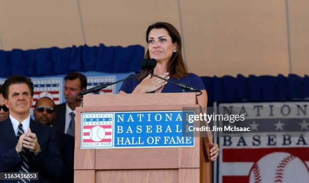 Brandy Halladay speaks on behalf of her late husband, Roy Halladay, during the Baseball Hall of Fame induction ceremony at Clark Sports Center on...