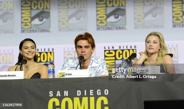 Camila Mendes, KJ Apa and Lili Reinhart speak at the "Riverdale" Special Video Presentation and Q&A during 2019 Comic-Con International at San Diego...