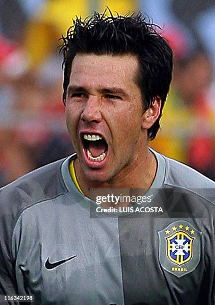 Brazil's goalkeeper Doni celebrates Argentina´s own goal during their Copa America 2007 final match, 15 July 2007, in Maracaibo, Venezuela. AFP...
