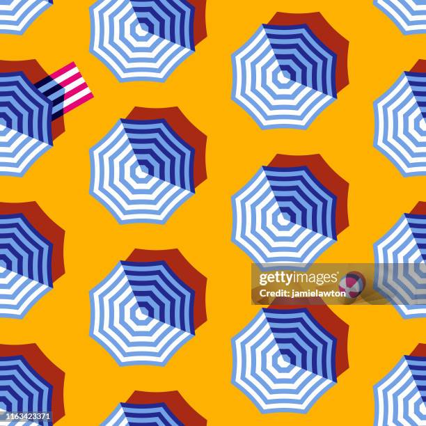 seamless summer beach umbrella pattern - pool umbrella top view stock illustrations