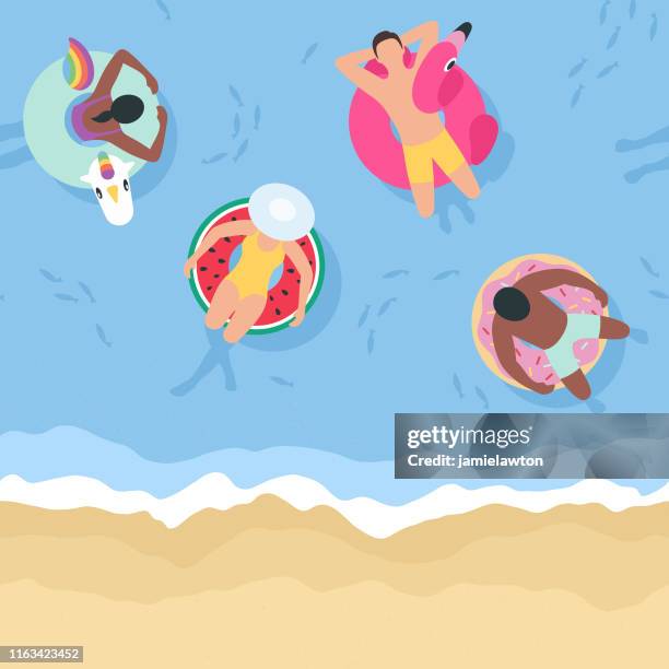 illustrazioni stock, clip art, cartoni animati e icone di tendenza di sfondo estivo con persone che si rilassano sui gonfiabili (senza soluzione di continuità orizzontalmente) - piscina pubblica all'aperto