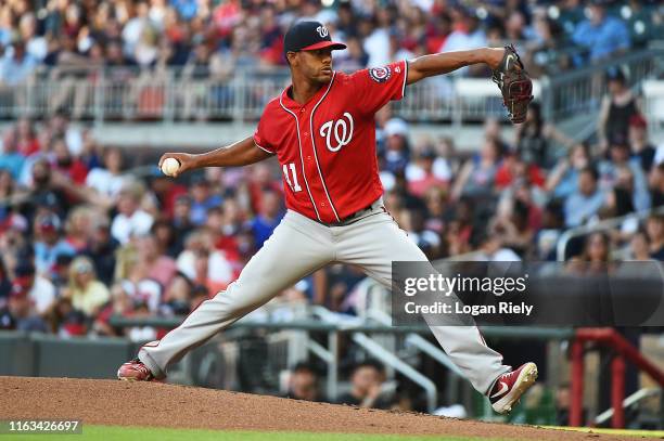 Joe Ross of the Washington Nationals pitches in the first inning against the Atlanta Braves at SunTrust Park on July 21, 2019 in Atlanta, Georgia.