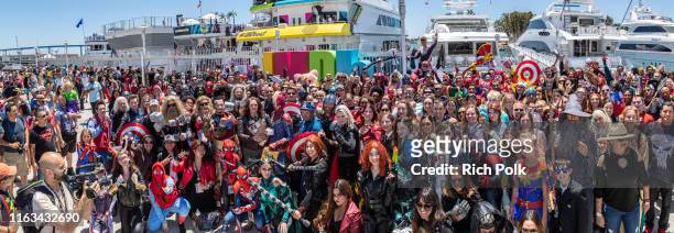 Attendees in cosplay are seen at the #IMDboat at San Diego Comic-Con 2019: Day Three at the IMDb Yacht on July 20, 2019 in San Diego, California. At...