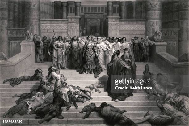 moses and aaron before pharaoh after the tenth plague - epidemie stock illustrations