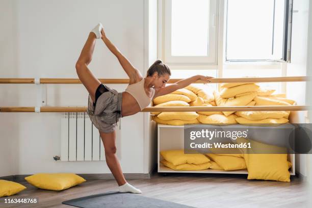 young women doing barre workout in gym - ballet dancers russia stockfoto's en -beelden