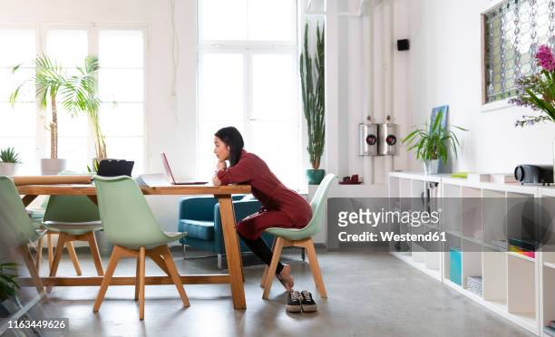 woman using laptop at table in modern office - businesswoman barefoot stock-fotos und bilder