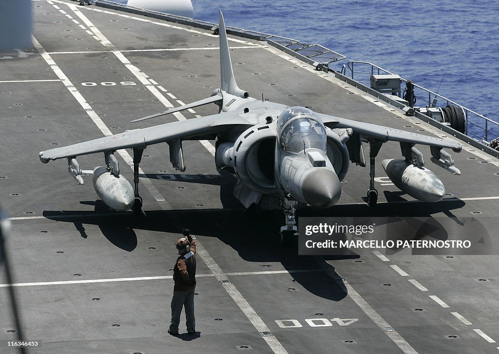 An Italian AV8 Harrier is pictured on th
