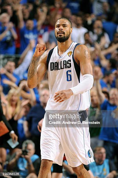 Tyson Chandler of the Dallas Mavericks celebrates against the Miami Heat in Game Five of the 2011 NBA Finals on June 9, 2011 at the American Airlines...