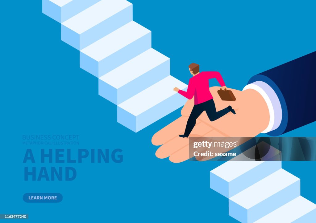 Huge hand helps businessman to cross the broken stairs