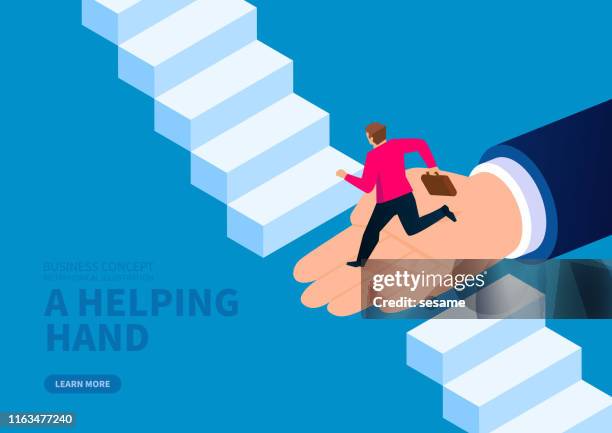 huge hand helps businessman to cross the broken stairs - accessibility concept stock illustrations