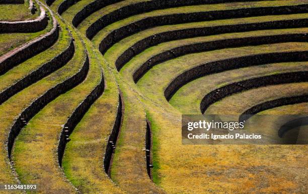 archaeological site of moray in the inca sacred valley near cusco, peru - moray cusco fotografías e imágenes de stock