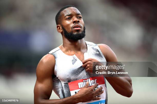 Nethaneel Mitchell-Blake of Great Britain looks on after competing in the Men's 200m during Day Two of the Muller Anniversary Games IAAF Diamond...