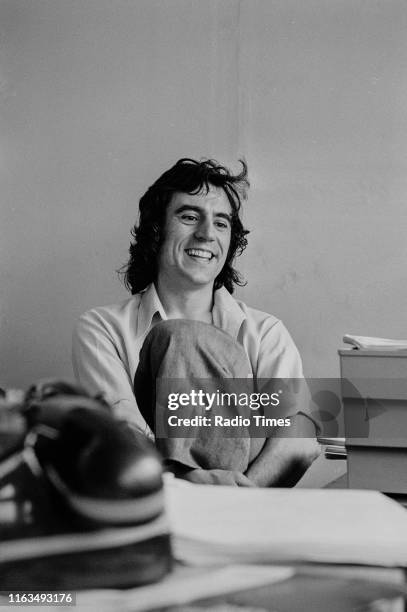 Actor and writer Terry Jones in a script conference for BBC television show 'Monty Python's Flying Circus', 1974.