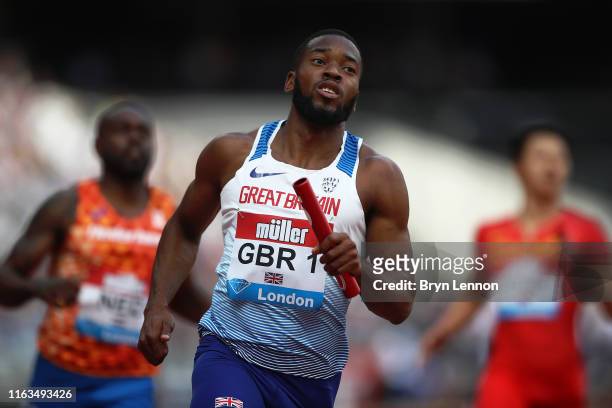 Nethaneel Mitchell-Blake of Great Britain crosses the line to win the Men's 4x100m Relay during Day Two of the Muller Anniversary Games IAAF Diamond...
