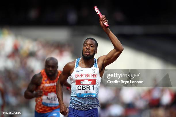 Nethaneel Mitchell-Blake of Great Britain crosses the line to win the Men's 4x100m Relay during Day Two of the Muller Anniversary Games IAAF Diamond...