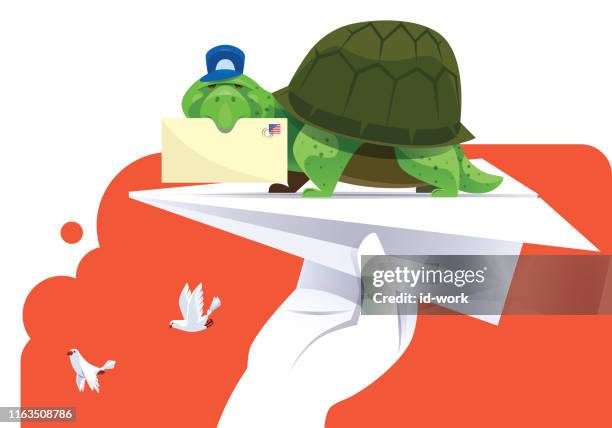 courier tortoise with paper plane - throwing leaves stock illustrations