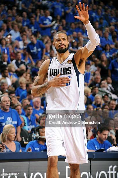 Tyson Chandler of the Dallas Mavericks looks on against the Miami Heat in Game Five of the 2011 NBA Finals on June 9, 2011 at the American Airlines...