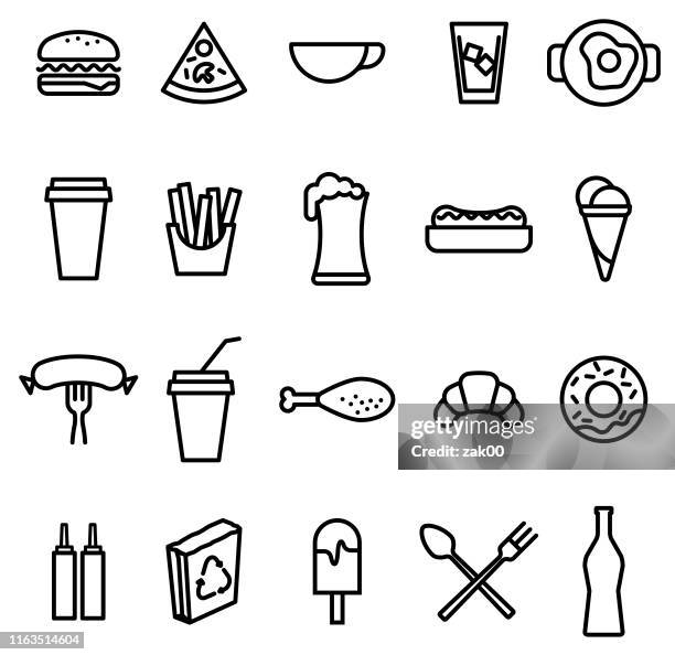 fast food open line icon set - chicken nugget stock illustrations