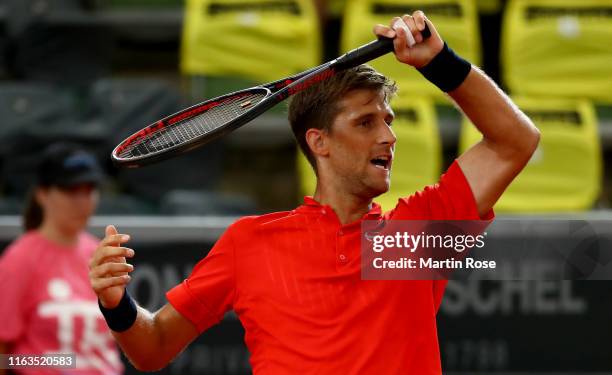 Martin Klizan of Slovakia in action against Daniel Altmaier of Germany on day one during the Hamburg Open 2019 at Rothenbaum on July 22, 2019 in...