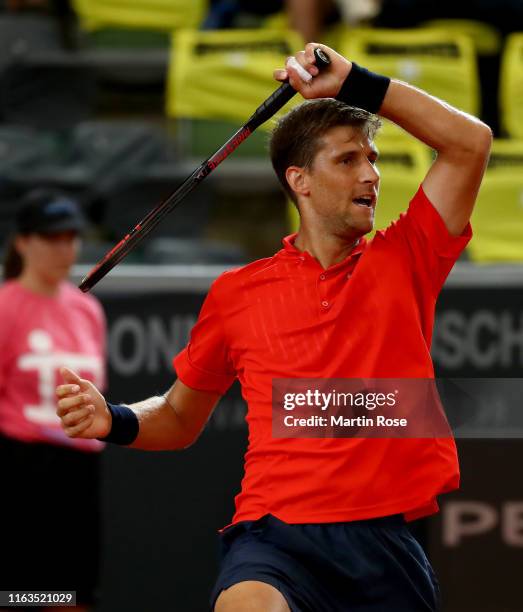 Martin Klizan of Slovakia in action against Daniel Altmaier of Germany on day one during the Hamburg Open 2019 at Rothenbaum on July 22, 2019 in...