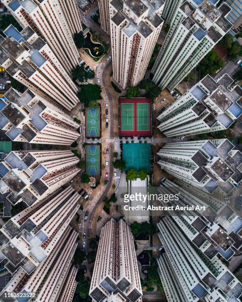 richland gardens building complex taken by drone, kowloon bay, hong kong - bay arena stock pictures, royalty-free photos & images