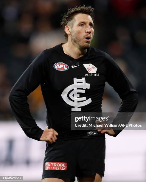 Dale Thomas of the Blues looks on during the 2019 AFL round 23 match between the Geelong Cats and the Carlton Blues at GMHBA Stadium on August 24,...