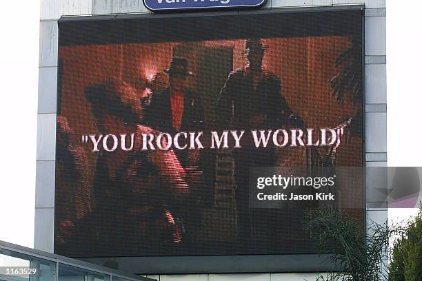 Big screen TV next door to the House Of Blues displays Michael Jackson's new short film "You Rock My World" starring actors Marlon Brando and Chris...
