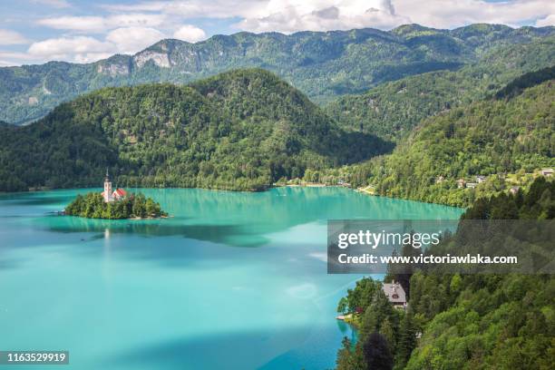 view on bled island from a hill - eslovenia fotografías e imágenes de stock